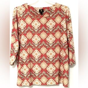 JM Collection Womens Plus Size 2X Pink Royal Combo Print 3/4 Sleeve V-Neck Top